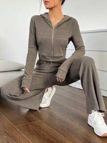 SHEIN EZwear Zip Up Hooded Jacket & Flare Leg Pants