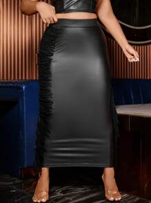 Allurite Plus Fringe Trim PU Leather Pencil Skirt - Black - View 3