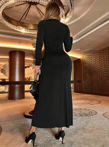 RueChic Solid Cut Out Front Ruffle Trim Split Thigh Dress - Black - View 2