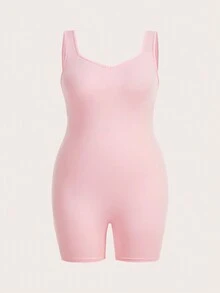 SHEIN EZwear 大碼素色彈力緊身連體短褲 - 淺粉色 - 查看 2