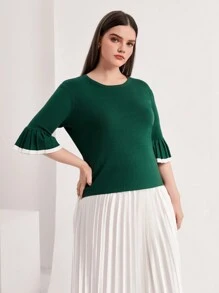 Mulvari 大碼拼接邊針織上衣 - 墨綠色 - 查看 1