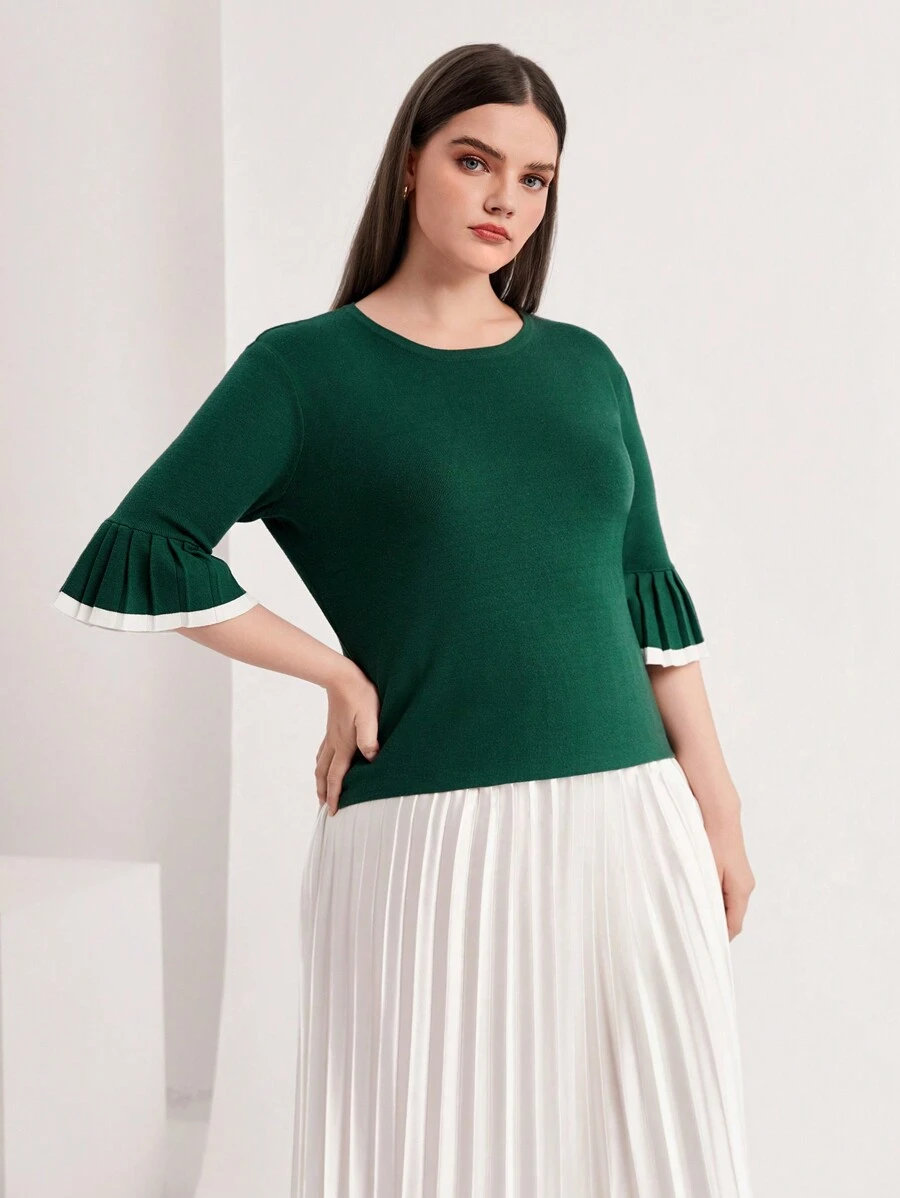 Mulvari 大碼拼接邊針織上衣 - 墨綠色 - 查看 1