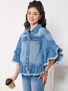 Teen Girl Flounce Sleeve Raw Cut Denim Jacket - Medium Wash - View 5