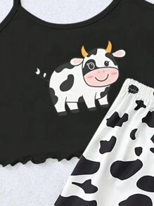 Tween Girl Cow Print Lettuce Trim Cami Top & Shorts PJ Set