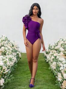 Swim Chiccia Summer Beach Ruffle Trim One Shoulder One Piece Swimsuit - Purple - View 7