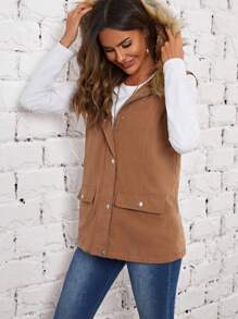 EMERY ROSE 有蓋口袋毛絨飾邊連帽背心大衣 - 軍綠色 - 查看 3