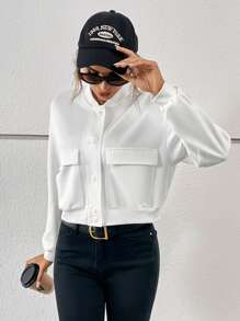 SHEIN Essnce 翻蓋口袋落肩袖飛行員夾克 - 白色 - 查看 5