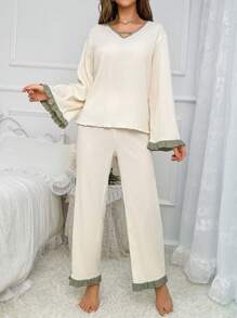 撞色荷叶边袖睡衣套装/睡衣套装，秋季服装 - 杏色 - 查看 6