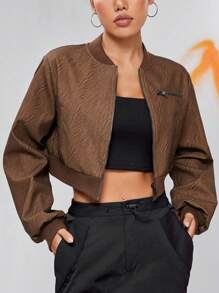 SHEIN EZwear Zip Up Crop Bomber Jacket - Chocolate Brown - View 3