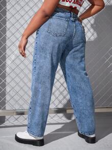 SHEIN EZwear 大碼花卉和字母圖案高腰直筒牛仔褲 - 中等水洗藍 - 查看 2