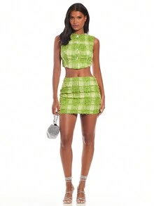 SHEIN BAE Plaid Print Raw Trim Crop Tank Top & Bodycon Skirt - Green - View 5