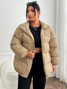 SHEIN EZwear Áo khoác đệm cỡ lớn có in chữ - Màu be - Xem 4