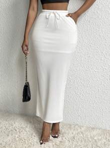 Slaydiva Drawstring Waist Slant Pocket Split Back Skirt - White - View 3