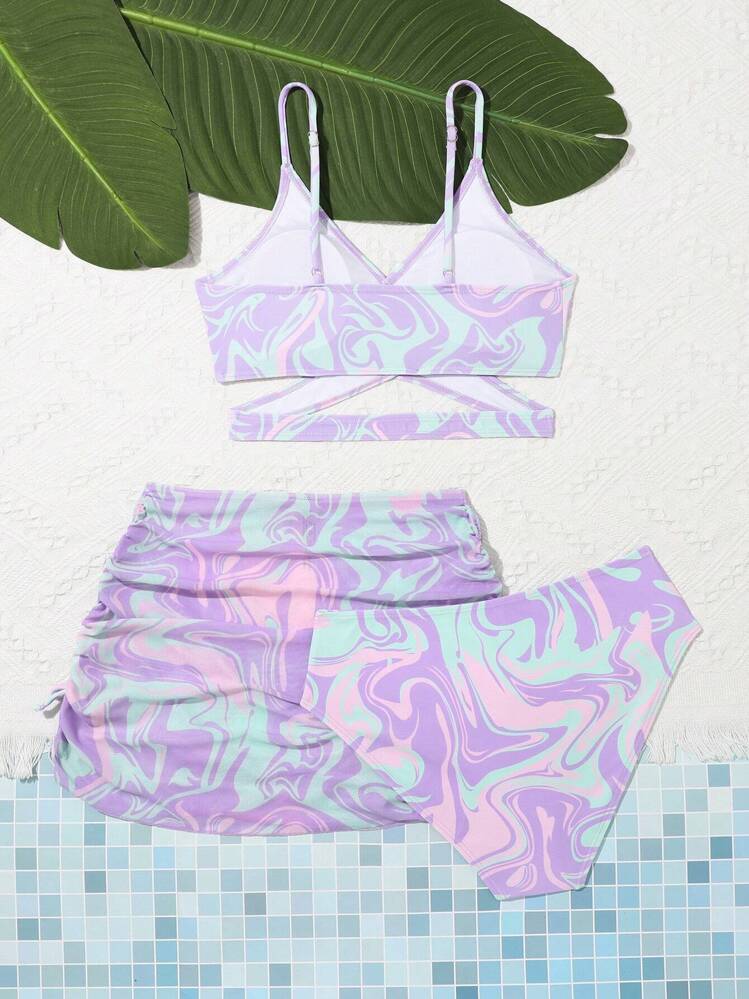 SHEIN Teen Girls Allover Print Wrap Bikini Set With Beach Skirt Summer Beach Summer Holiday - Multicolor - View 2