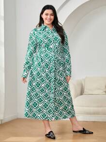 Mulvari Plus Allover Print Belted Shirt Dress - Green - View 4
