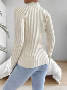 SHEIN LUNE 荷叶边纽扣前襟罗纹针织套头衫秋冬毛衣 - 米色 - 查看 2