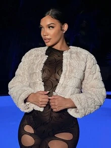 SHEIN SXY 前開式毛絨外套 - 杏色 - 查看 5