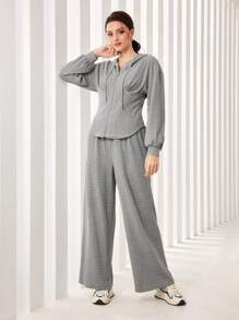 Seusyu Conjunto de 2 piezas con capucha con hombros caídos y cordón y pantalones de pierna ancha - Gris - Ver 5