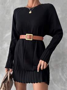 EURMUSE 插肩袖百褶下擺毛衣洋裝不附腰帶 - 黑色 - 查看 1