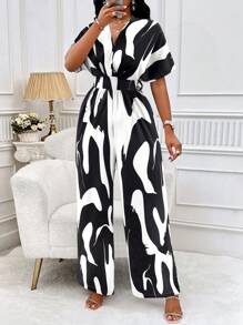 SOLERSUN Graphic Print Batwing Sleeve Wide Leg Jumpsuit - Black and White - View 5