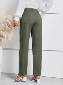 SHEIN LUNE Solid Straight Leg Cropped Jeans - Olive Green - View 2