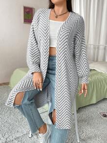 Flirla Plus Chevron Pattern Drop Shoulder Belted Cardigan - Grey - View 4