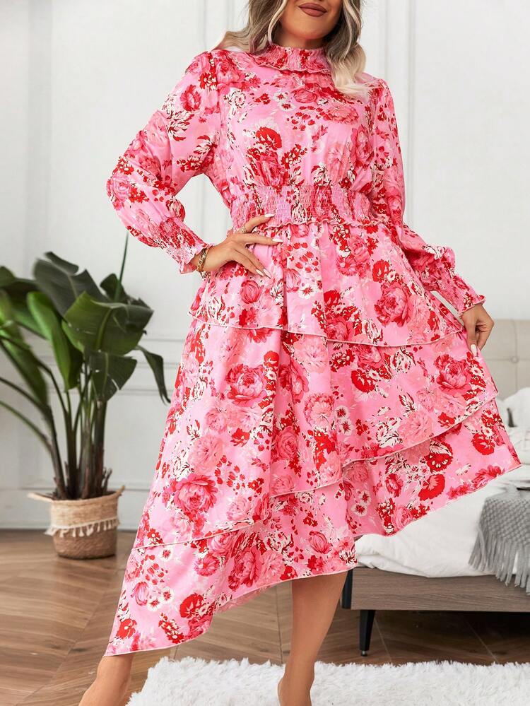 Plus Floral Print Asymmetrical Hem Dress