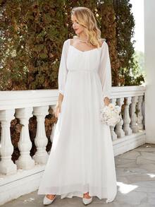 Vestido de novia de gasa con manga farol y escote corazón - Blanco - Ver 4