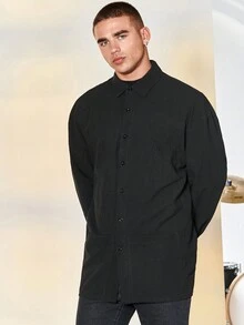 Manfinity EMRG 男士寬鬆純色鈕扣前襯衫 - 黑色 - 查看 6