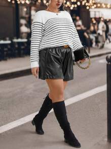 SHEIN LUNE Plus Striped Pattern Drop Shoulder Sweater Knit Pullover Fall Winter Outfit - Black and White - View 4