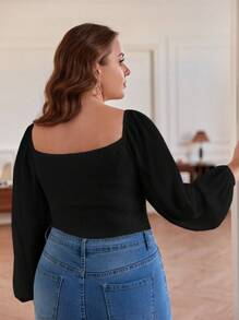 SHEIN Frenchy 大碼雞心領口燈籠袖前抽繩T恤 - 黑色 - 查看 5