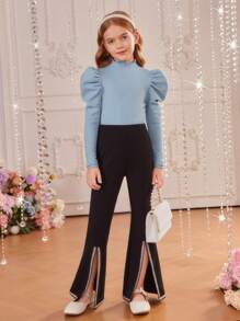 SHEIN Tween Girl Mock Neck Gigot Sleeve Tee - Blue - View 7