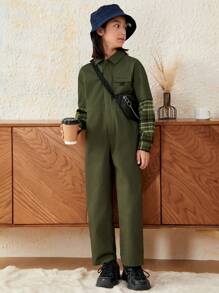 SHEIN Tween Boy Plaid Panel Flap Pocket Jumpsuit Without Bag - Army Green - View 4
