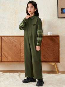 SHEIN Tween Boy Plaid Panel Flap Pocket Jumpsuit Without Bag - Army Green - View 6
