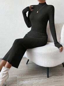 Rafferiza Cổ giả Đồ đan Ribbed Đầm Áo len - màu đen - Xem 6