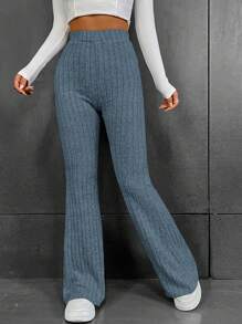 SHEIN EZwear High Waist Flare Leg Pants - Navy Blue - View 3