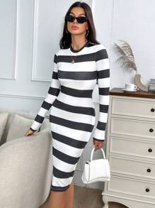 SHEIN Essnce Striped Print Bodycon Dress - Black and White - View 4