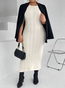 Calvaya Plus Solid Ribbed Knit Sweater Dress - Apricot - View 1