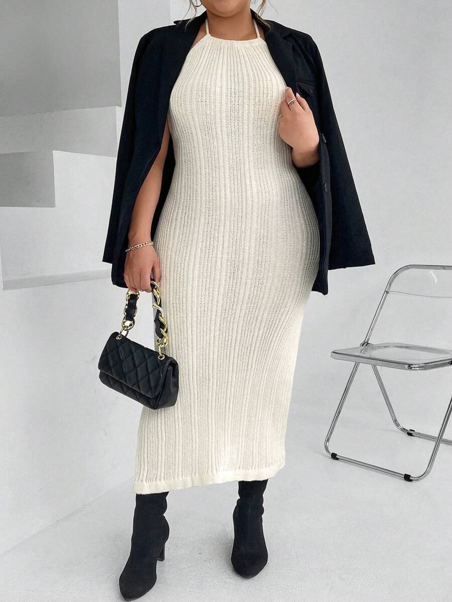 Calvaya Plus Solid Ribbed Knit Sweater Dress - Apricot - View 1