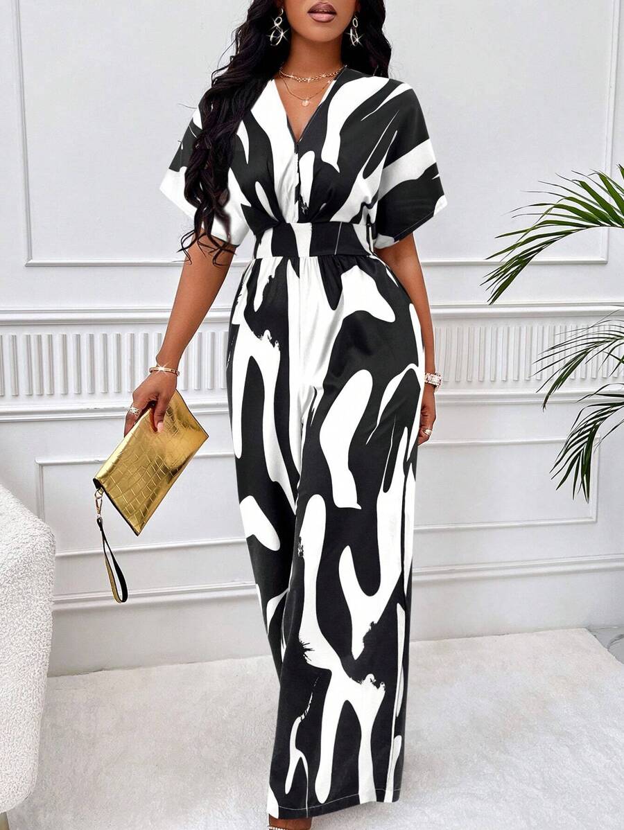 SOLERSUN Graphic Print Batwing Sleeve Wide Leg Jumpsuit - Black and White - View 1