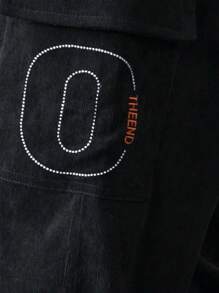 Uomo Pantaloni con ricamo lettera con coulisse a vita di velluto a coste - nero - Visualizzare 3