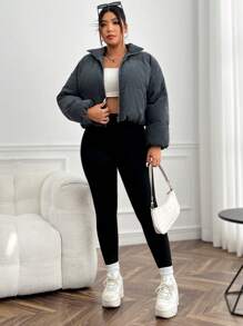 SHEIN EZwear Plus Zip Up Padded Coat For Winter - Dark Grey - View 4