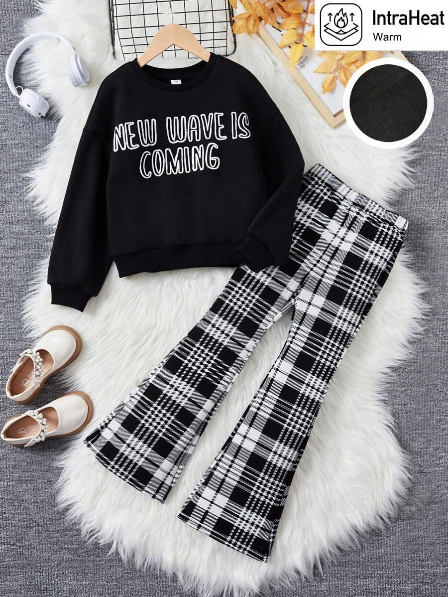 SHEIN Tween Girl Slogan Graphic Drop Shoulder Pullover & Plaid Flare Leg Pants - Black and White - View 1