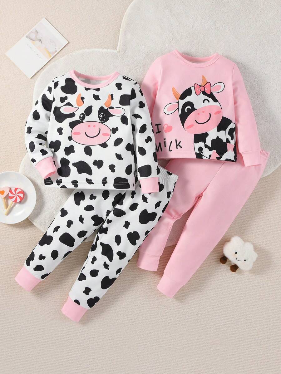 SHEIN Baby Girl 2sets Cow Print Snug Fit PJ Set - Pink - View 1