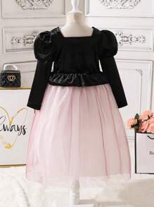 SHEIN Váy dự tiệc nhung và vải tuyn thanh lịch cho bé gái, Thu/Đông - Nhiều màu - Xem 2