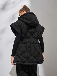 Anewsta 拉链系腰带背心棉服外套，女士深秋休闲系腰带、纽扣、口袋连帽超大黑色纯色女士棉服外套，冬季保暖/冬季时尚 - 黑色 - 查看 3
