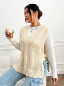 SHEIN EZwear Plus Cable Knit Split Hem Sweater Vest Without Tee Winter Fall Autumn - Beige - View 5
