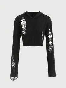 ROMWE Goth Solid Ripped Crop Hooded Sweater