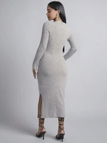 SHEIN PETITE Solid Split Thigh Bodycon Dress - Grey - View 2