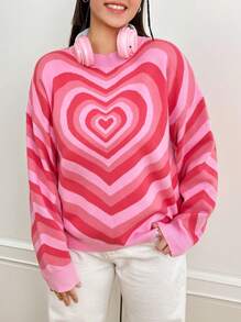 SHEIN Qutie 大碼愛心圖案落肩袖套頭毛衣 - 粉色 - 查看 1